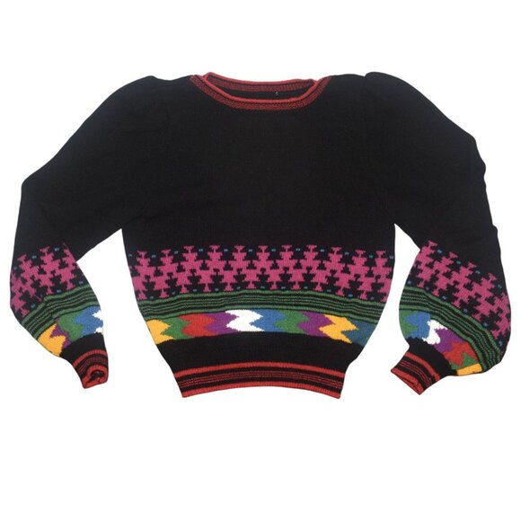 Vintage 80s Balloon Sleeve Knit Sweater Geometric Pattern S M - Picture 2 of 8